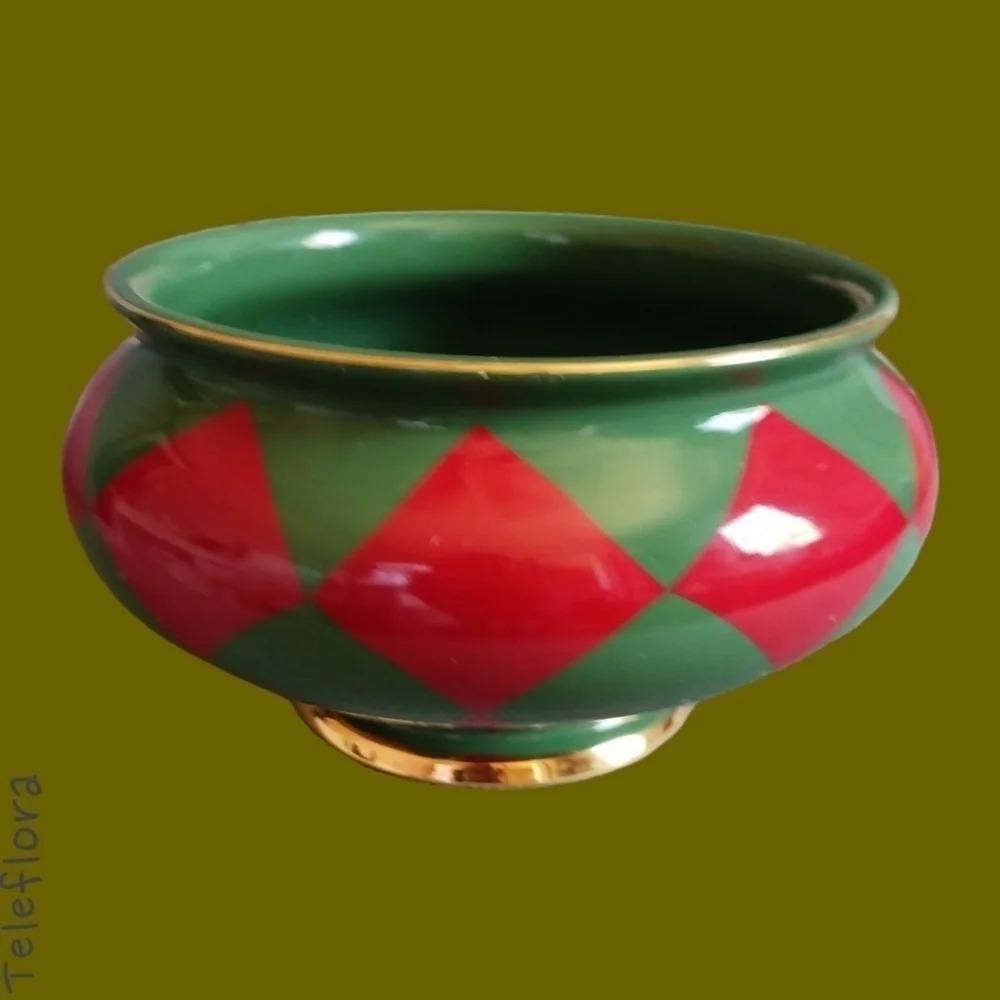 Teleflora ceramic bouquet harlequin bowl vase fooded red,green,and gold